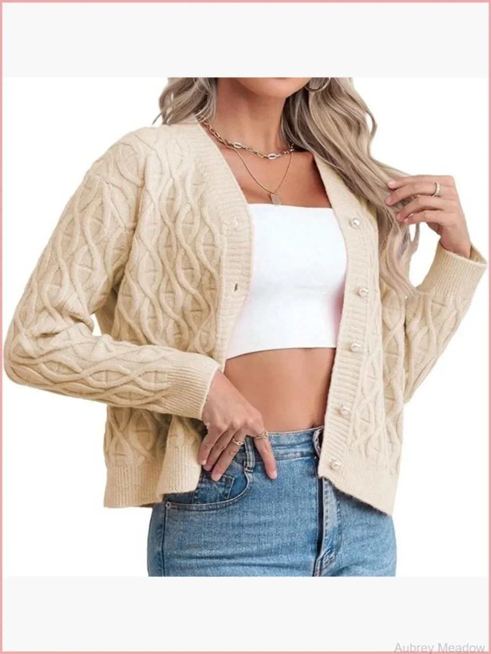 Women Cropped V-Neck Cable Knit Cardigan Sweater Long Sleeve Pearl Button Down